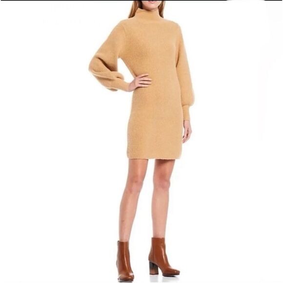 NEW a loves a Teardrop Mock Neck Balloon Sleeve Sweater Dress Camel LARGE - Picture 1 of 9